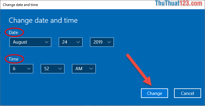 Chọn Change để thay đổi các thiết lập trong Change date and time