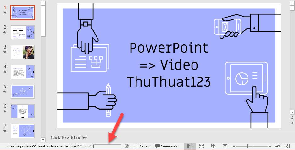 Chuyển đổi từ PowerPoint sang video sẽ mất thời gian, bạn có thể thấy thời gian chạy ở thanh trạng thái dưới cùng của giao diện PowerPoint