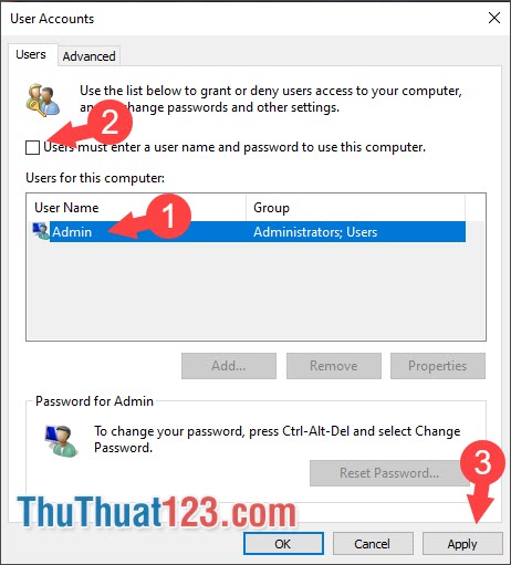 Bỏ dấu tích Users must enter a user name and password to use this computer