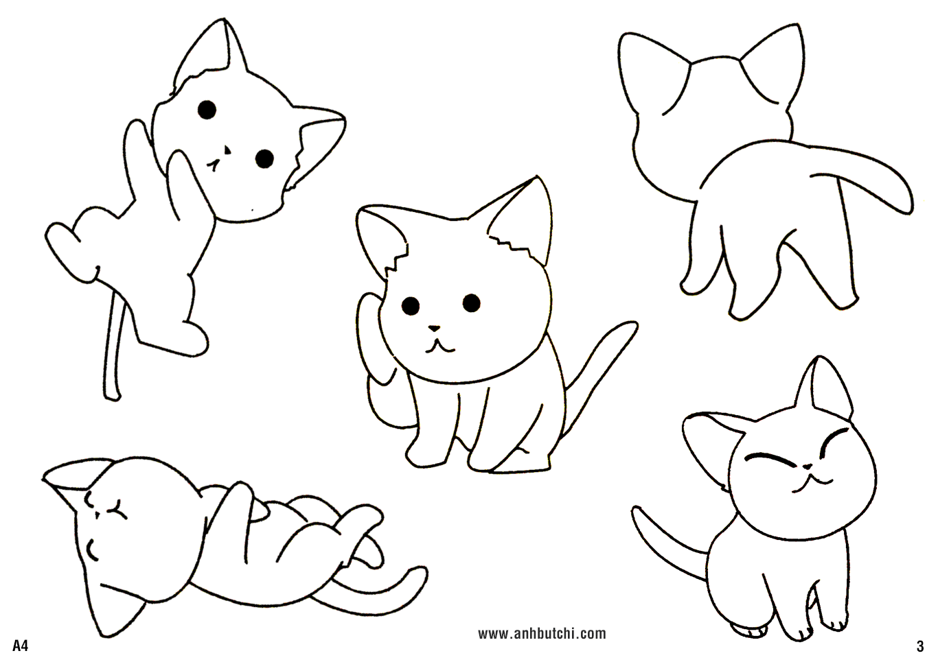 Tranh tô màu chú mèo đáng yêu với các bộ dáng khác nhau