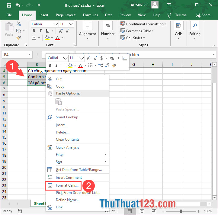 Click chuột phải trên màn hình Excel và chọn Format Cells