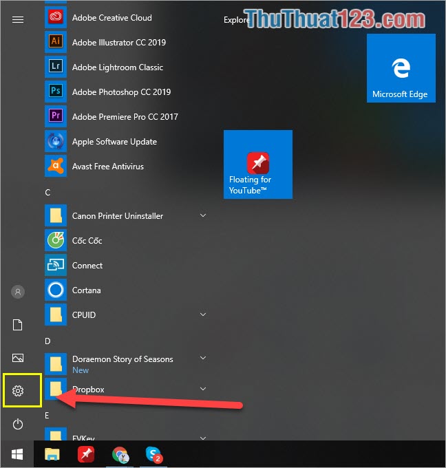 Mở cửa sổ Settings trên Windows 10