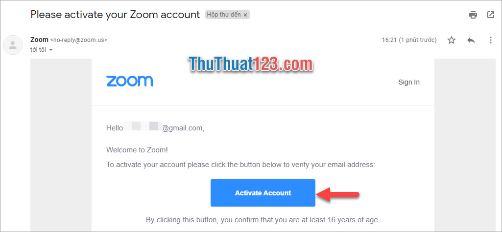 Click vào Activate Account để xác nhận đăng ký tài khoản