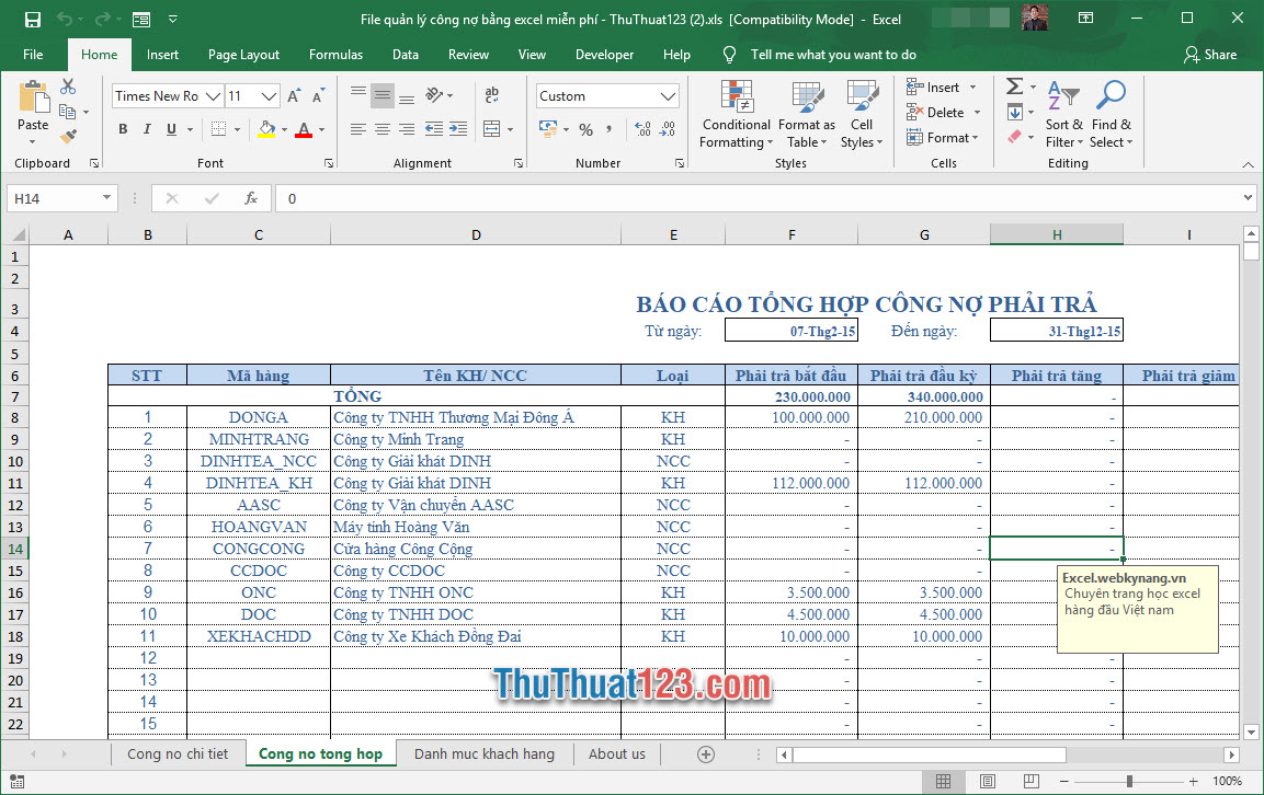 Demo file quản lý công nợ Excel miễn phí 5