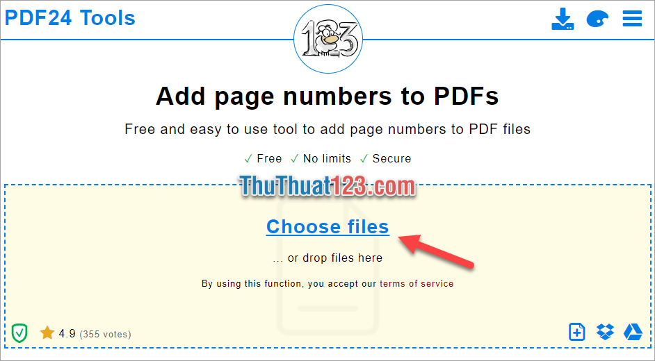 Click vào Choose files để có thể tải file PDF muốn đánh số trang lên trang web