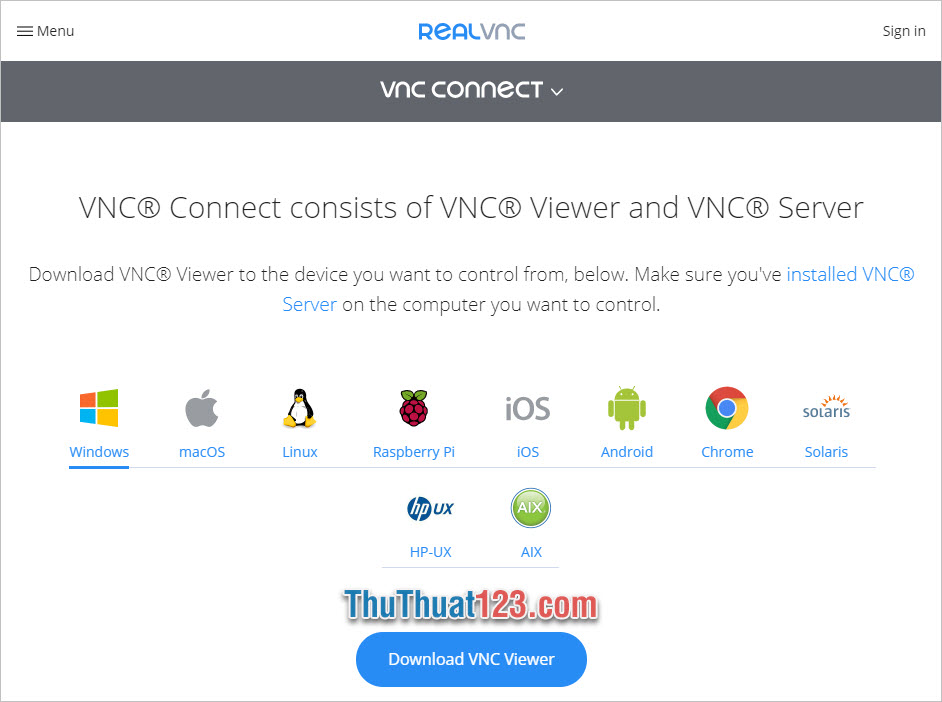 Click vào Download VNC Viewer để có thể tải phần mềm cài đặt về máy tính