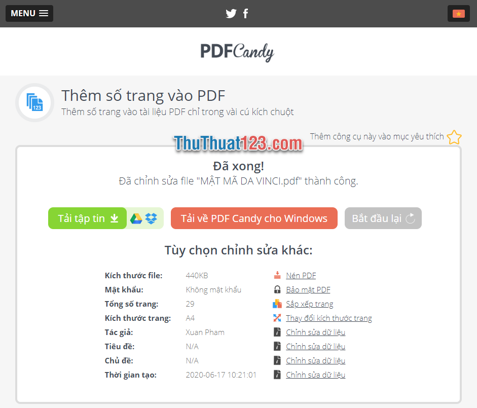 Click vào Tải tập tin để có thể tải file PDF đã được đánh số trang về máy tính của mình