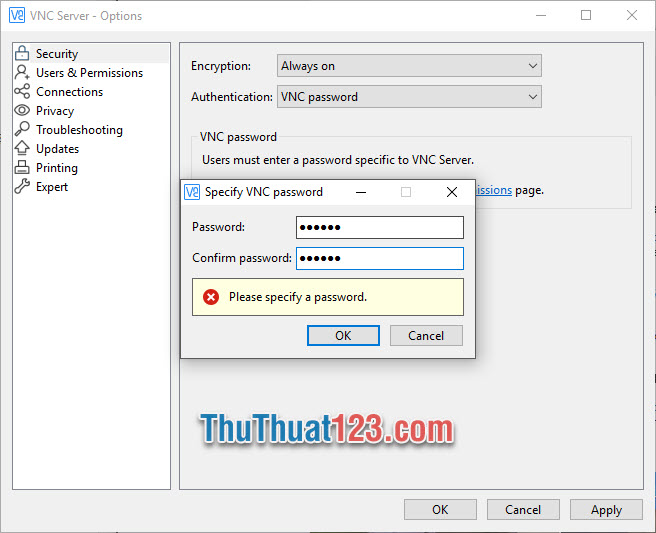 Đặt mật khẩu truy cập điều khiển Specify VNC password