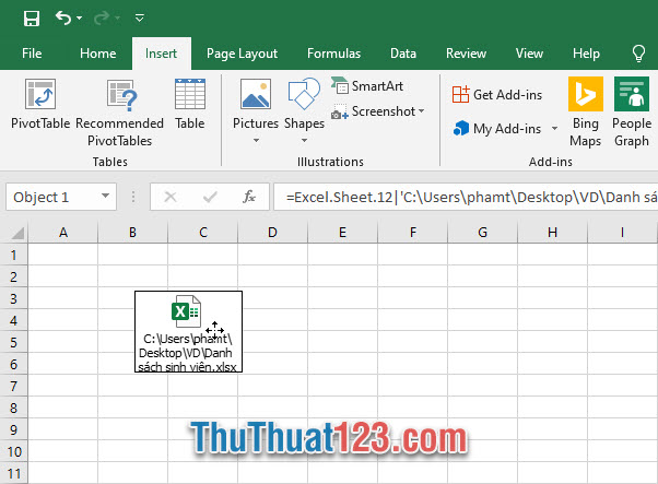 Bạn có thể di chuyển file đính kèm này tùy ý mình muốn trong không gian làm việc của Excel