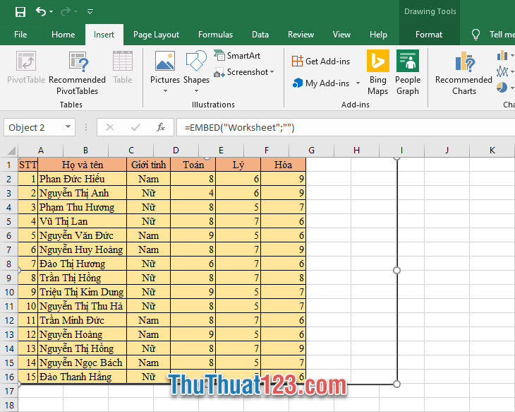 Excel sẽ cho phép các bạn chèn một khoảng file đính kèm hiển thị rõ ràng