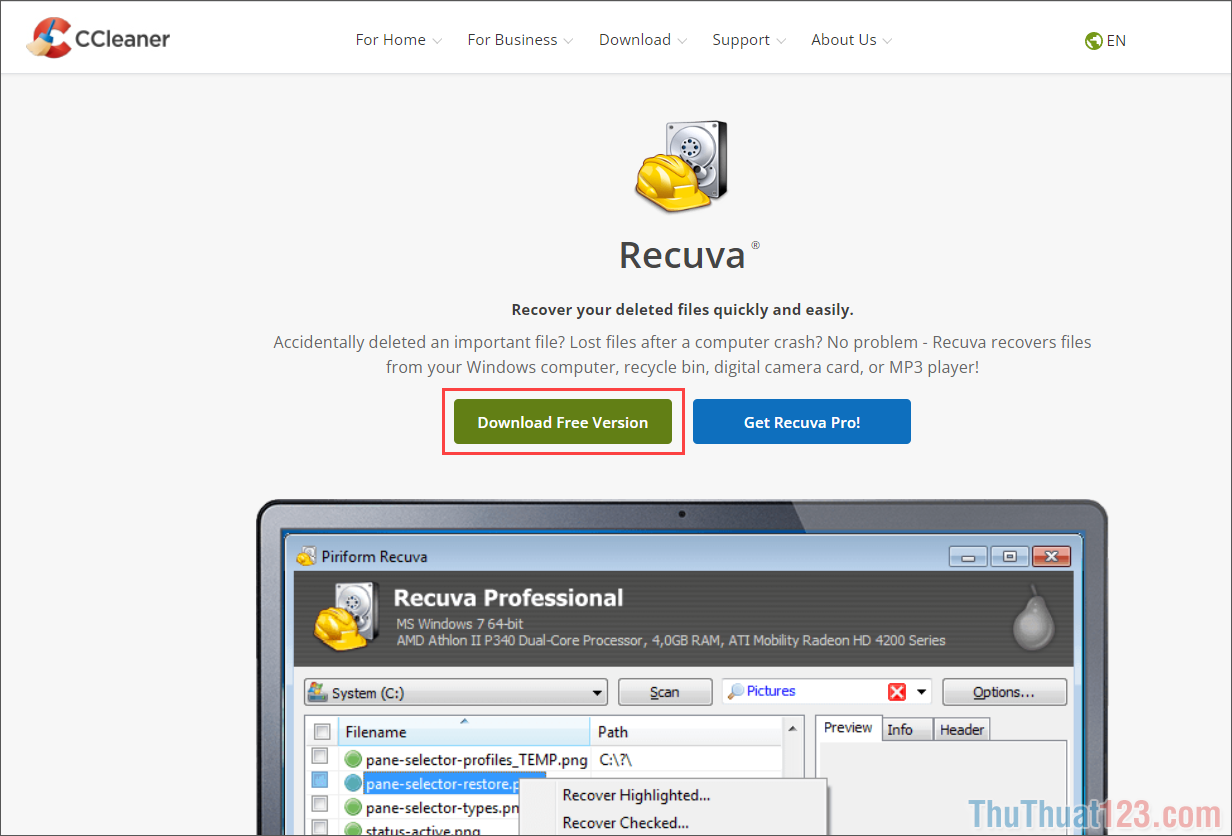 Chọn Download Free Version để tải phiên bản miễn phí của Recuva về máy tính