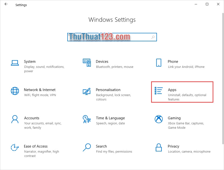 Chọn mục Apps để thiết lập các phần mềm trên Windows 10