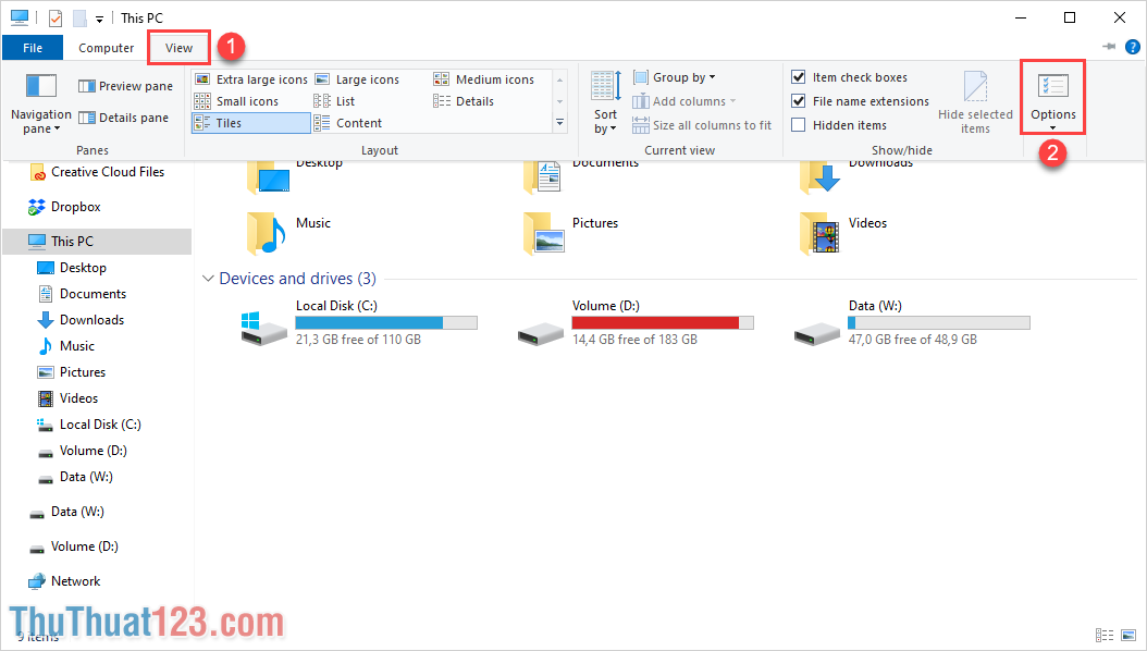 Chọn Options để mở thiết lập hiển thị trên Windows