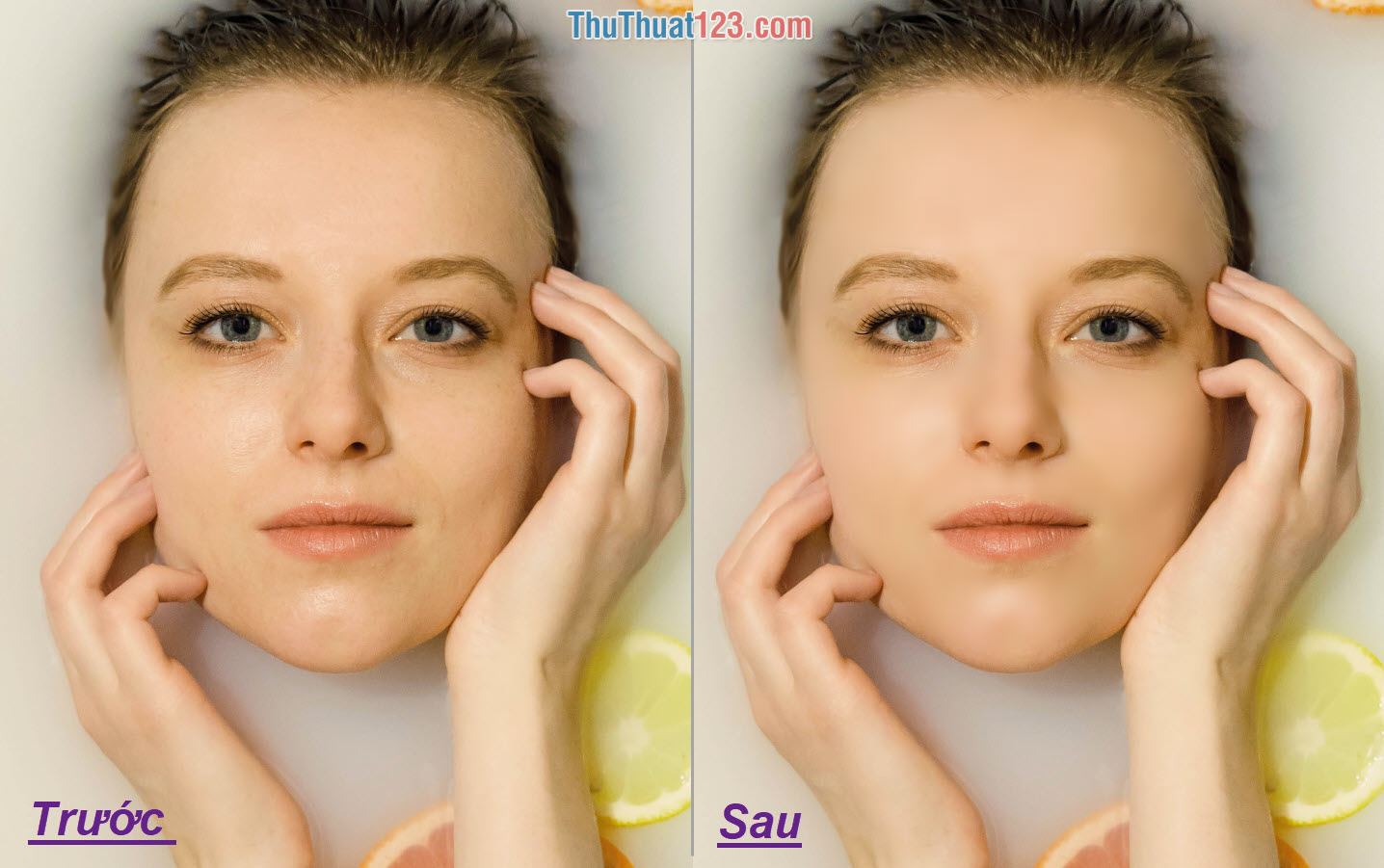 Kết quả trước và sau sử dụng công cụ làm mịn da mặt trên Photoshop
