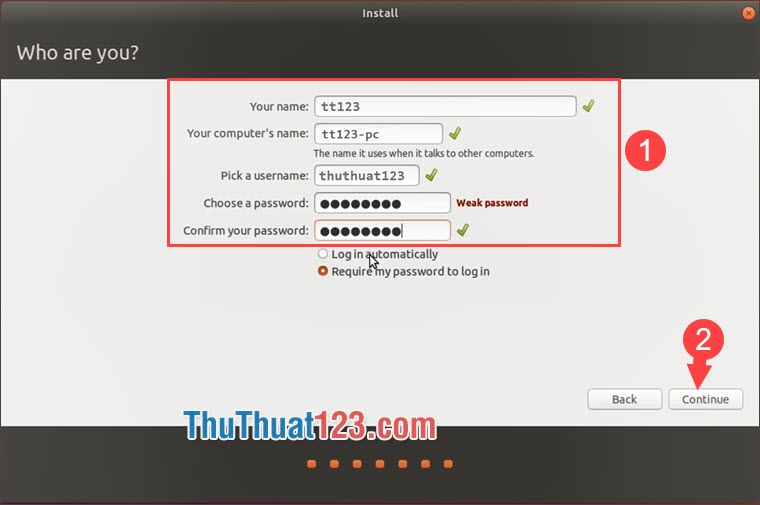 Bạn thiết lập tài khoản và mật khẩu cho Ubuntu