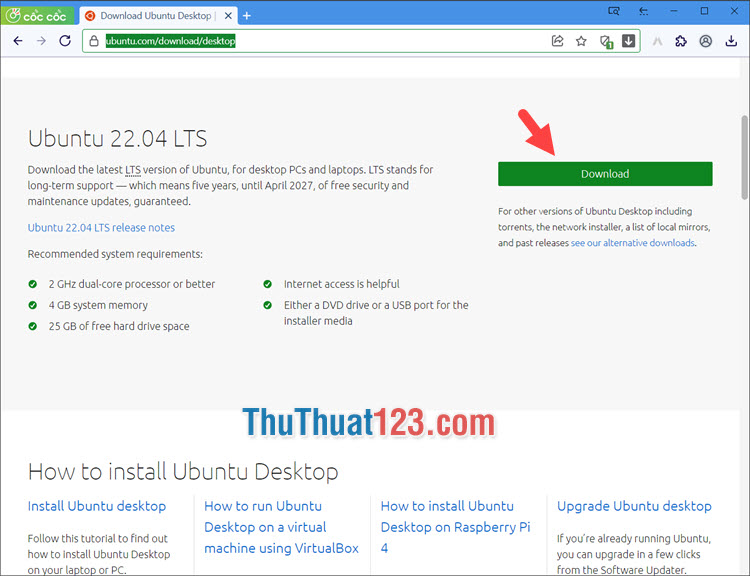 Click vào Download để tải về máy file ISO cài đặt Ubuntu mới nhất