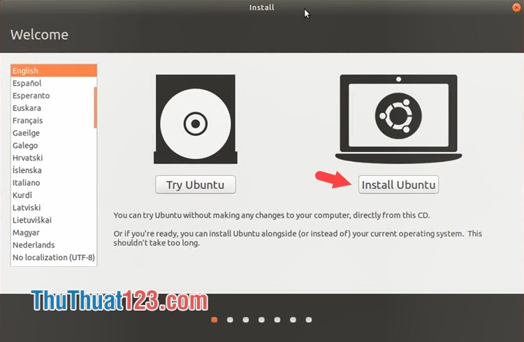 Nhấn vào Install Ubuntu để cài đặt Ubuntu