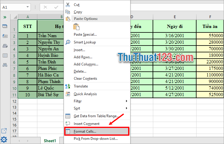 Chọn một hay nhiều cột cần khóa trong Excel, nhấn chuột phải chọn Format Cells