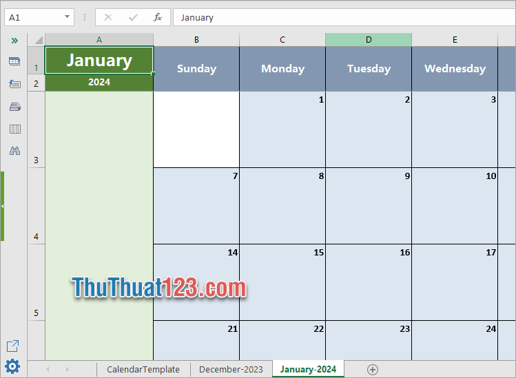 Thời gian bạn chọn sẽ được tạo lịch, mỗi tháng trong một sheet của file Excel
