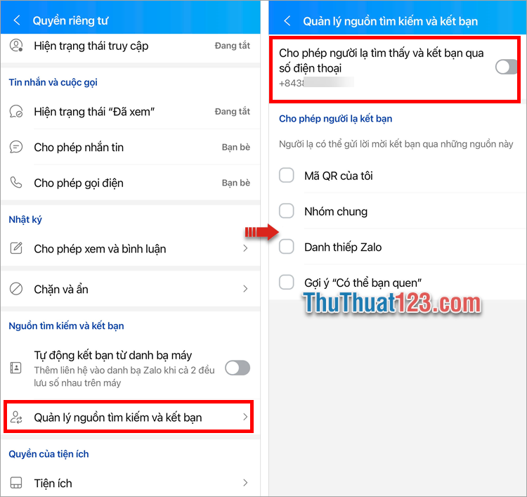 Chọn đến phần Quản lý nguồn tìm kiếm và kết bạn