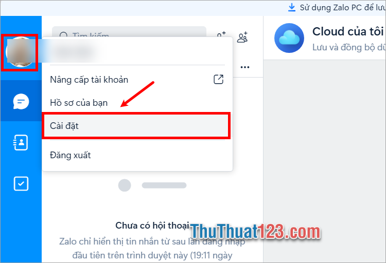 Chọn vào avatar zalo của bạn và ấn Cài đặt