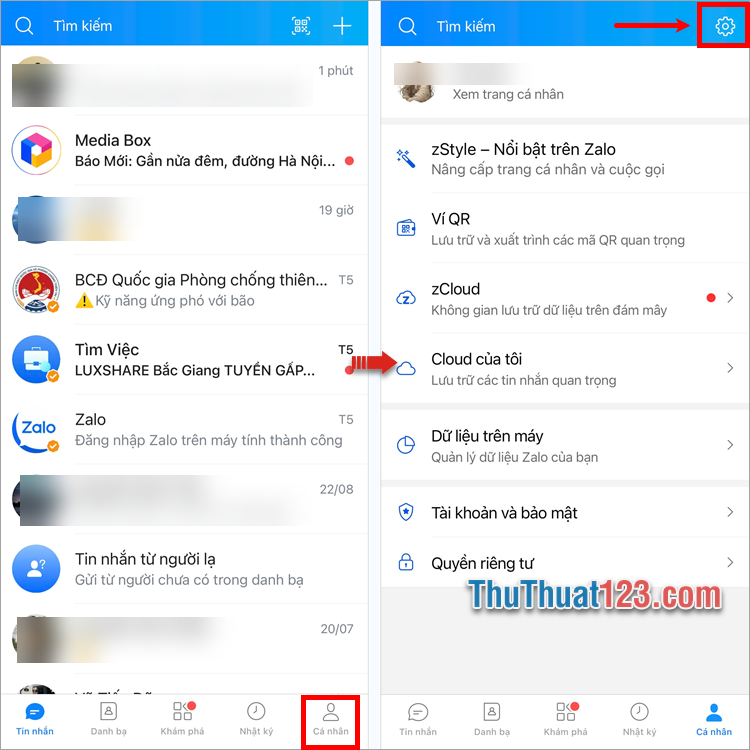 Mở Zalo trên điện thoại, chọn phần Cá nhân, sau đó ấn biểu tượng cài đặt