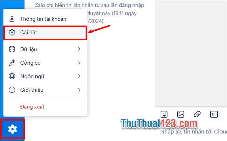 Mở Zalo Web bạn đã đăng nhập, chọn biểu tượng hình bánh răng và ấn Cài đặt