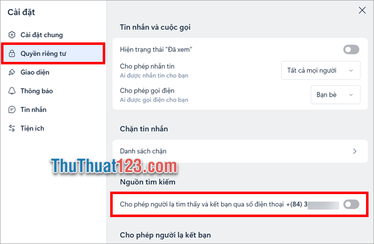 Tại Nguồn tìm kiếm, tắt tính năng Cho phép người lạ tìm thấy và kết bạn qua số điện thoại