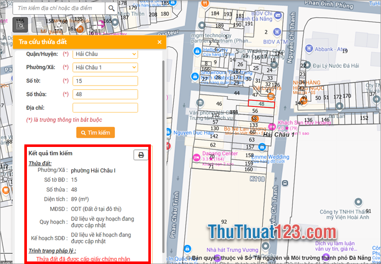 Thông tin của thửa đất, vị trí thửa đất và tình trạng pháp lý được hiển thị