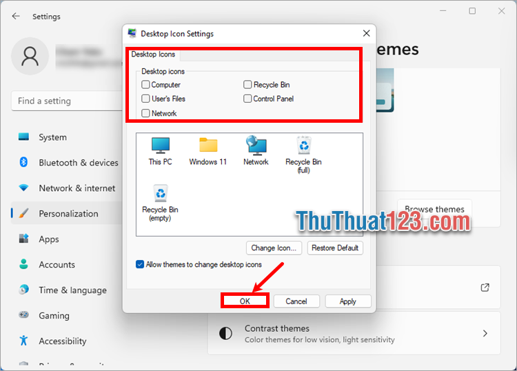 Bỏ chọn các icon trước tên icon trong phần Desktop icons và ấn OK