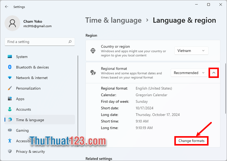 Chọn biểu tượng mở rộng trong phần Regional format, ấn chọn Change formats