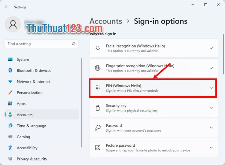 Chọn PIN (Windows Hello)