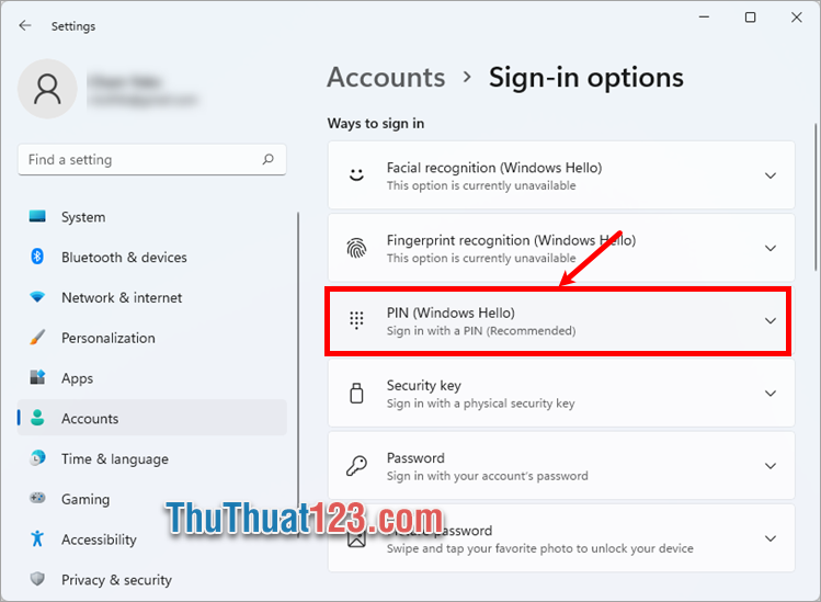 Chọn PIN (Windows Hello)