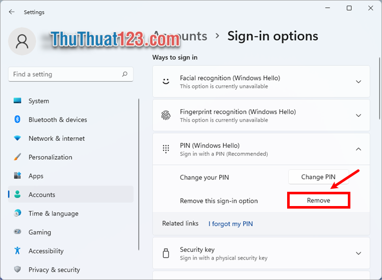 Chọn Remove trong phần Remove this sign-in option