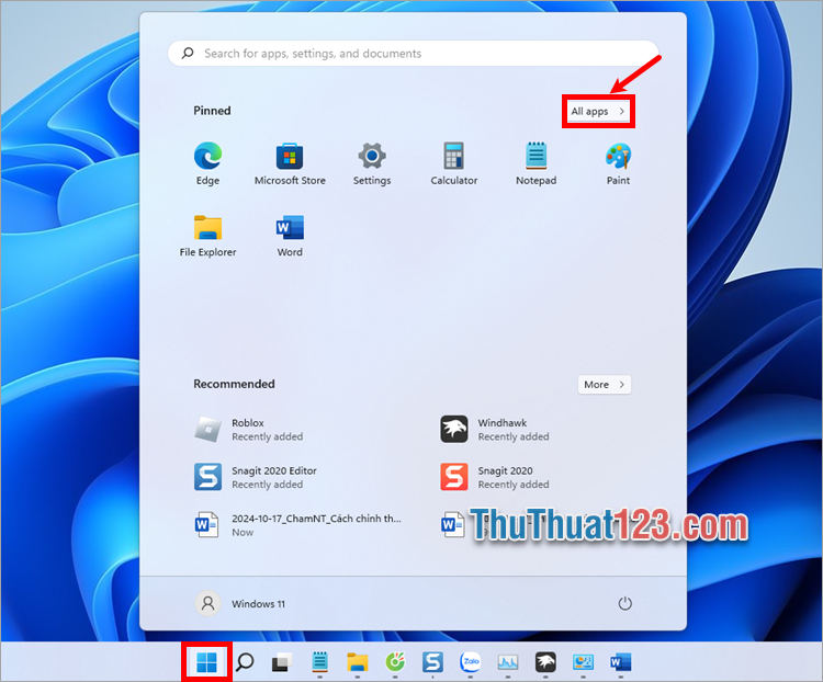 Chọn Start Menu và chọn All Apps