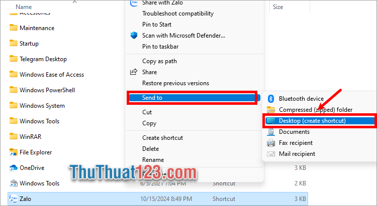 Chọn tiếp Send to → Desktop (create shortcut)