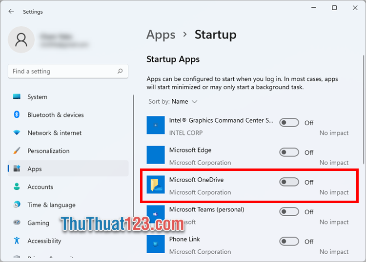 Gạt nút điều khiển sang trái chế độ OFF để tắt OneDrive khởi động cùng hệ thống