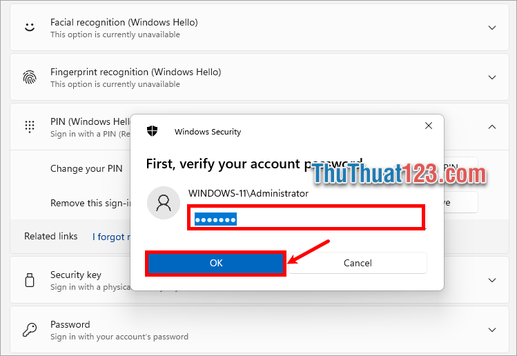 Hệ thống sẽ yêu cầu bạn nhập mật khẩu tài khoản đăng nhập Windows sau đó ấn OK