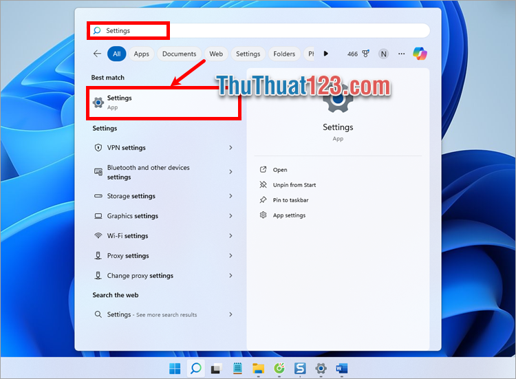 Mở cửa sổ Settings