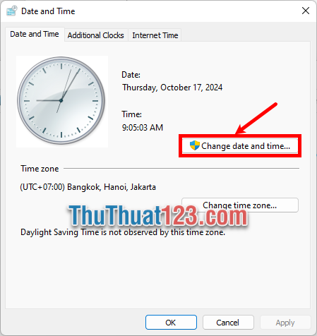 Một cửa sổ Date and Time hiển thị, bạn chọn Change date and time