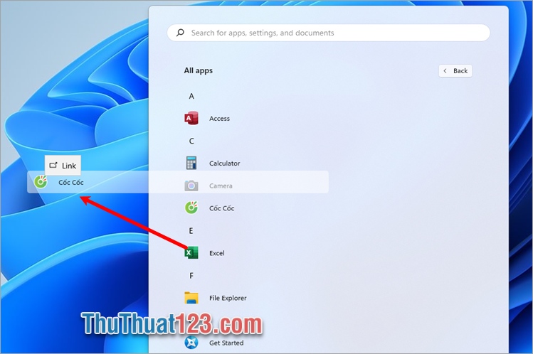 Muốn đưa icon ra Desktop Windows 11, nhấn giữ vào icon và kéo ra màn hình
