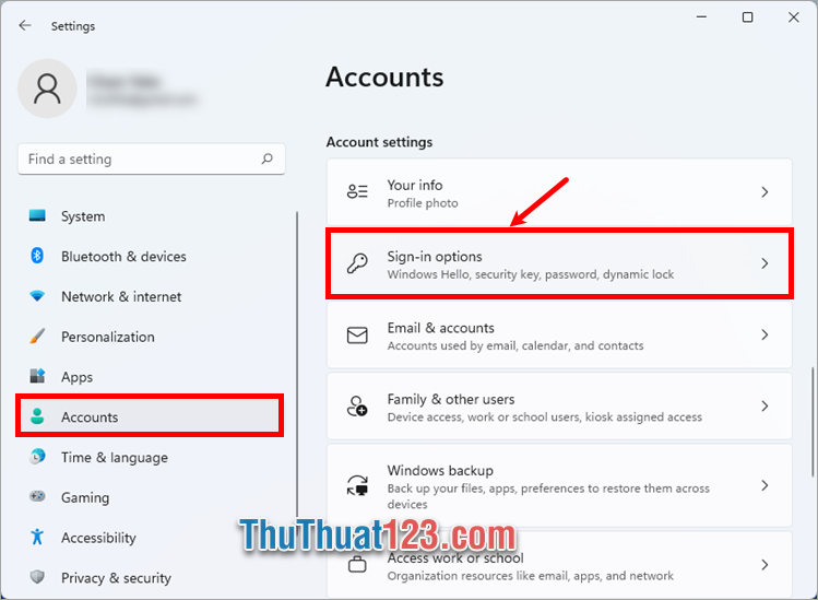 Nhấn Accounts ở menu bên trái, tiếp theo chọn Sign-in options
