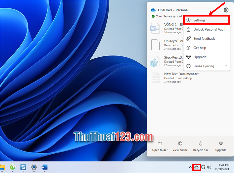 Nhấn chuột phải vào biểu tượng OneDrive → Settings