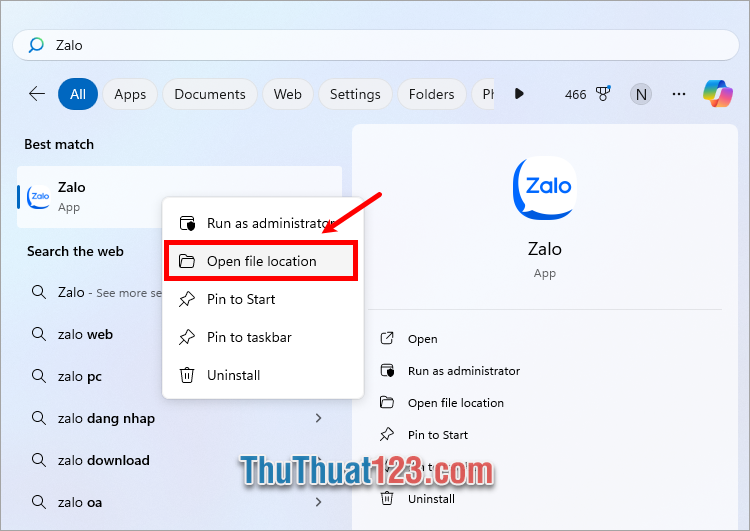 Nhấn chuột phải vào icon ứng dụng và chọn Open file location để mở thư mục cài đặt