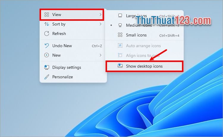 Nhấn chuột phải vào khoảng trống trên màn hình và chọn View → Show desktop icons