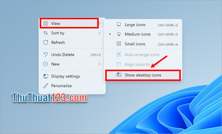 Nhấn chuột phải vào màn hình chọn View và chọn Show desktop icons
