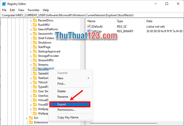 Nhấn chuột phải vào thư mục StuckRects3 và chọn Export Nhấn chuột phải vào thư mục StuckRects3 và chọn Export