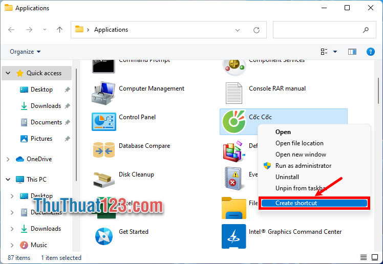 Nhấn chuột phải vào ứng dụng muốn đưa icon ra desktop Windows 11 và ấn Create Shortcut