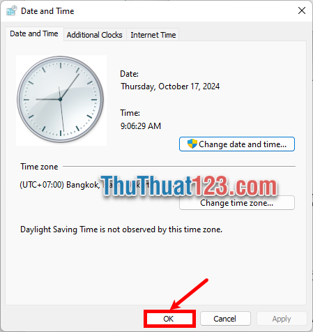 Nhấn OK để đóng Date and Time