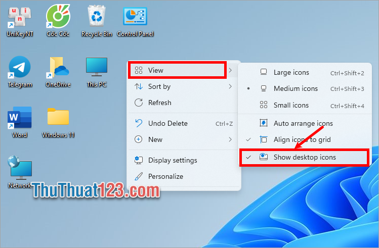 Nhấn View → bỏ chọn tùy chọn Show desktop icons
